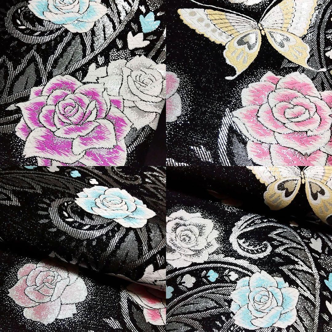 振り袖 成人式 黒 薔薇 バラ 紫 地紋 刺繍 振袖 袋帯 セット