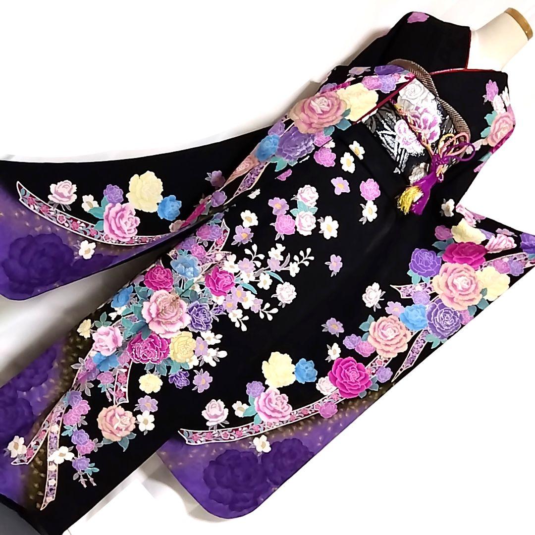 振り袖 成人式 黒 薔薇 バラ 紫 地紋 刺繍 振袖 袋帯 セット