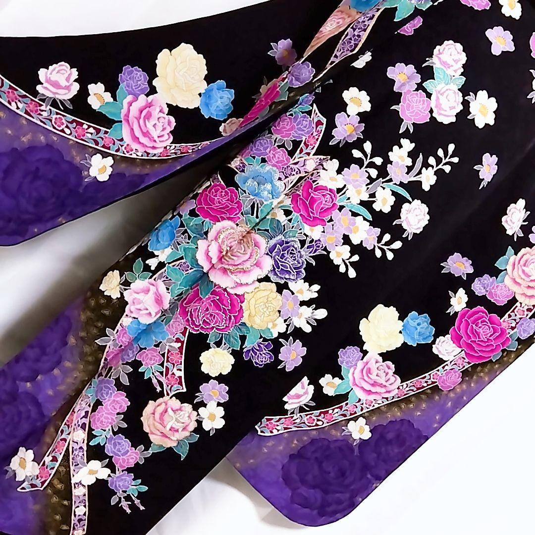 振り袖 成人式 黒 薔薇 バラ 紫 地紋 刺繍 振袖 袋帯 セット