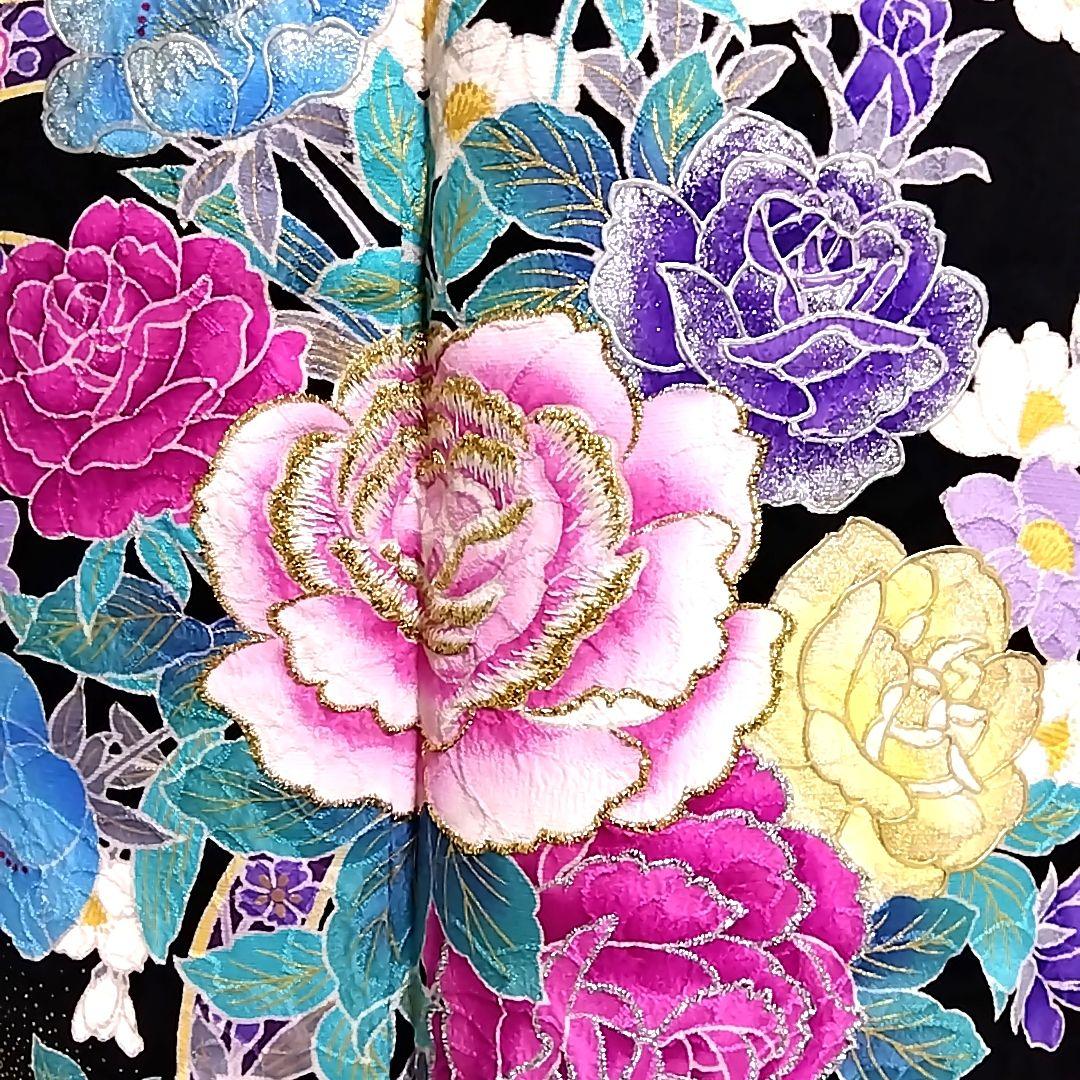 振り袖 成人式 黒 薔薇 バラ 紫 地紋 刺繍 振袖 袋帯 セット