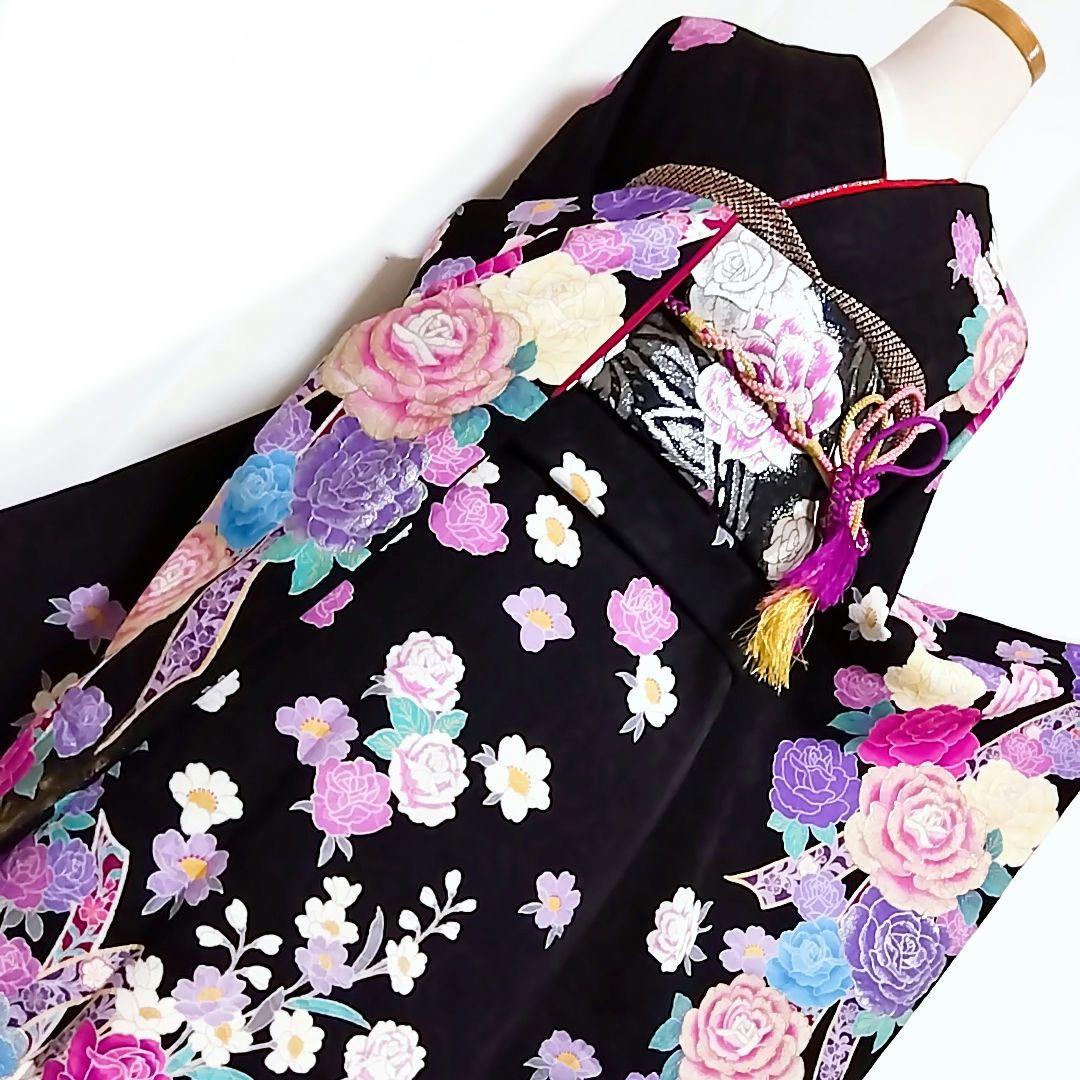 振り袖 成人式 黒 薔薇 バラ 紫 地紋 刺繍 振袖 袋帯 セット