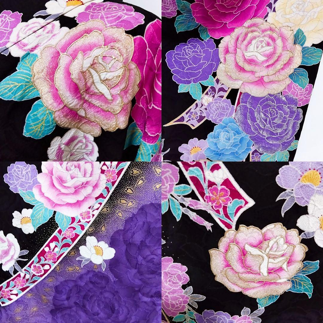 振り袖 成人式 黒 薔薇 バラ 紫 地紋 刺繍 振袖 袋帯 セット