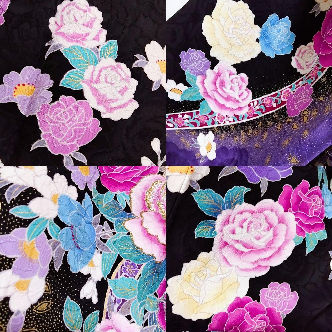 振り袖 成人式 黒 薔薇 バラ 紫 地紋 刺繍 振袖 袋帯 セット