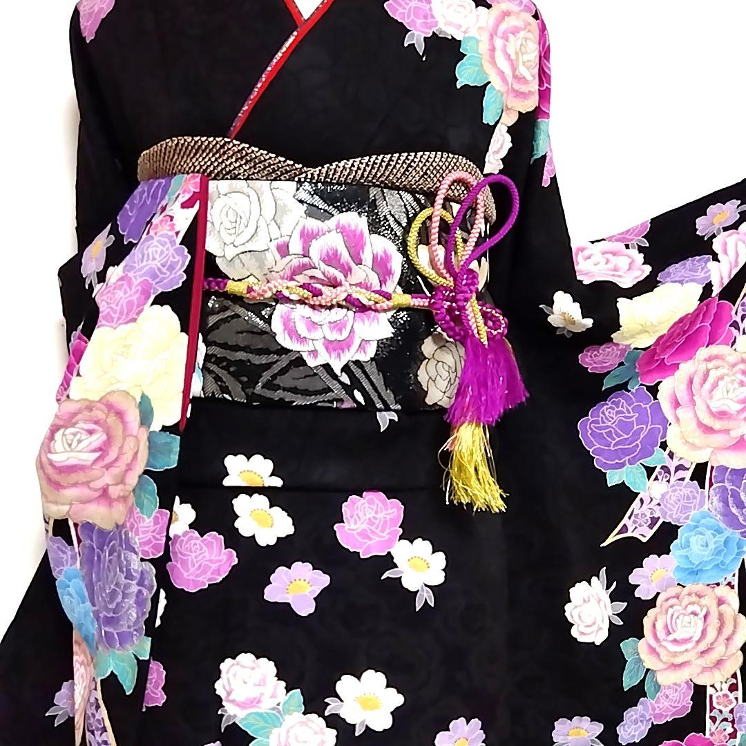 振り袖 成人式 黒 薔薇 バラ 紫 地紋 刺繍 振袖 袋帯 セット
