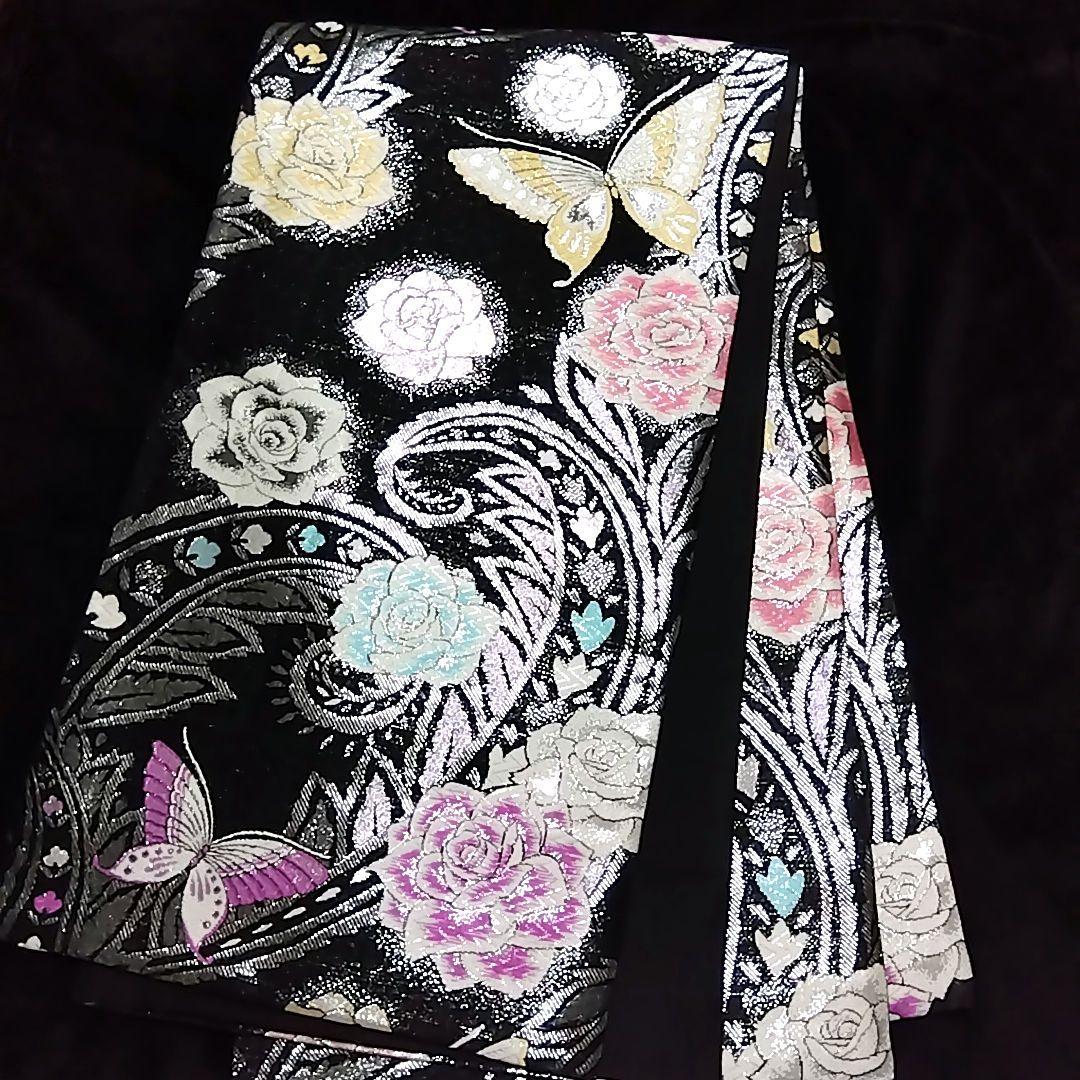 振り袖 成人式 黒 薔薇 バラ 紫 地紋 刺繍 振袖 袋帯 セット