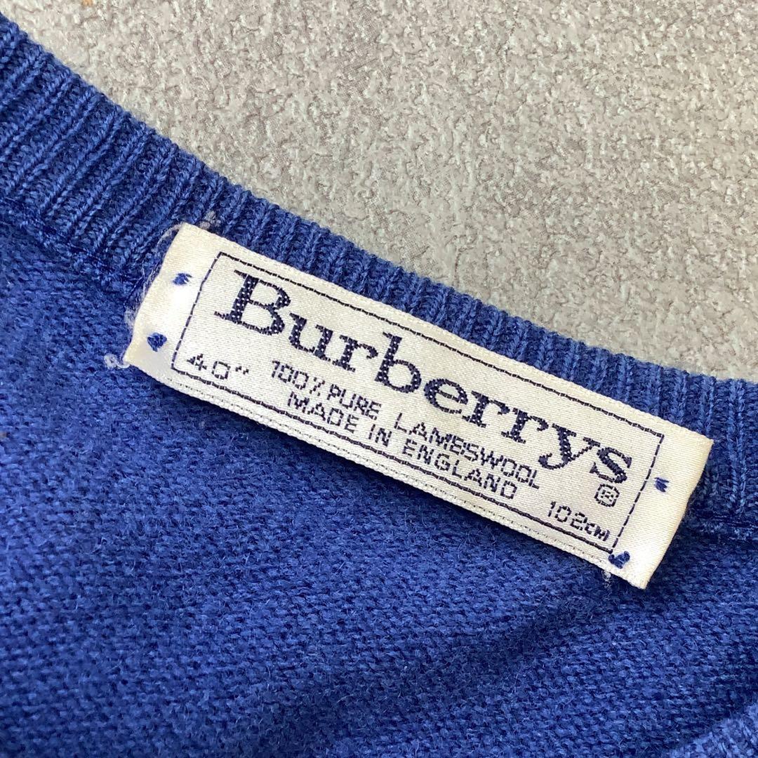 90‘s BURBERRY イギリス製 ウール ニット カーディガン ブルー系