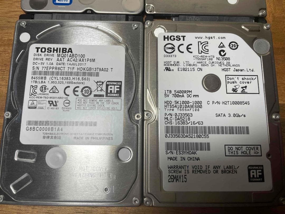 4枚セット 各種メーカー 2.5インチ HDD 1TB 厚さ7mm2枚9mm2枚