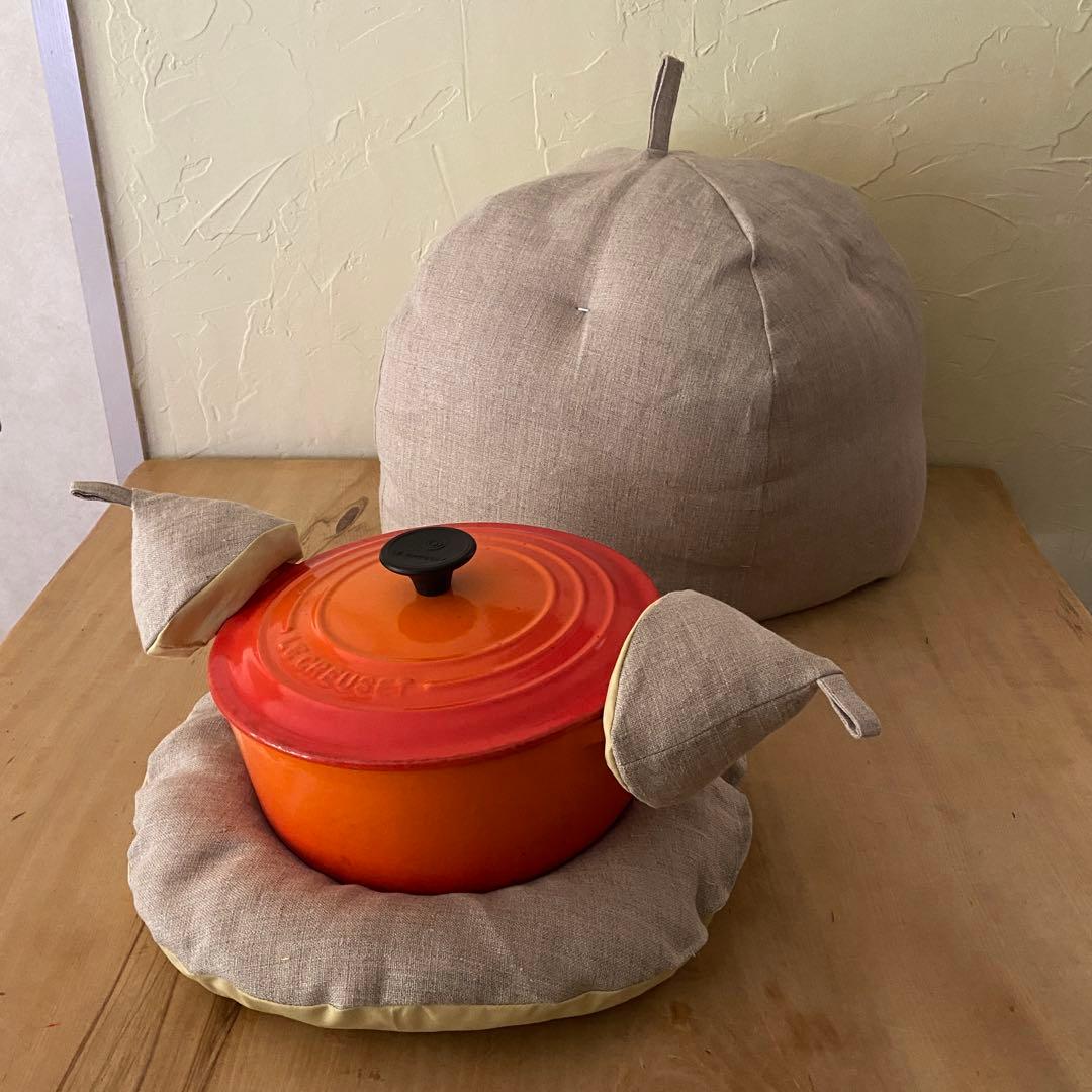 スリット入り生成りふかふか（保温調理）鍋保温カバー+三角鍋つかみ