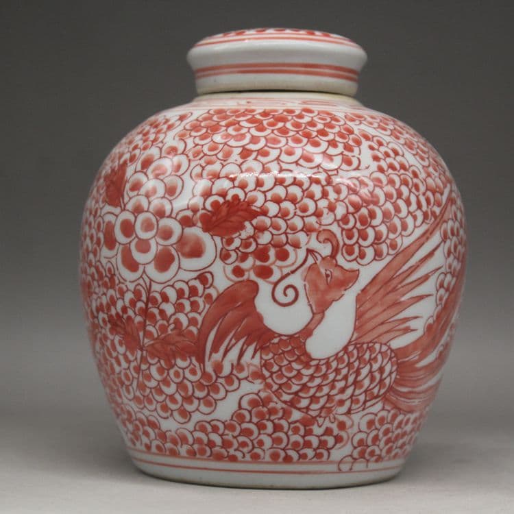 青花紅釉喜字鳳紋茶壺 景徳鎮 陶磁器 装飾品 現代工芸品 美術品 置物