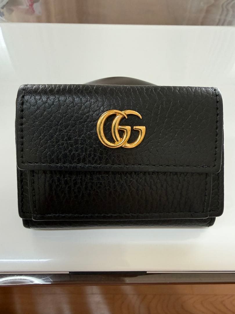 GUCCIグッチ 三つ折りミニ財布 GGマーモント レザー 黒