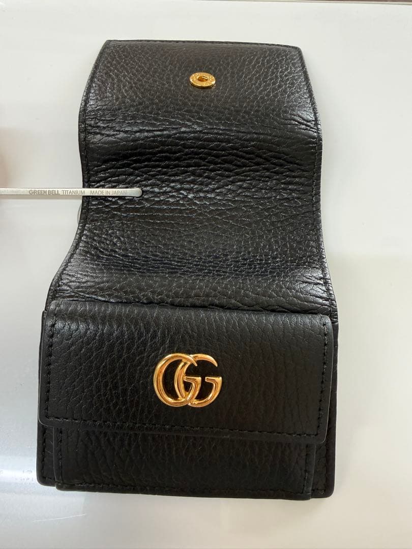 GUCCIグッチ 三つ折りミニ財布 GGマーモント レザー 黒