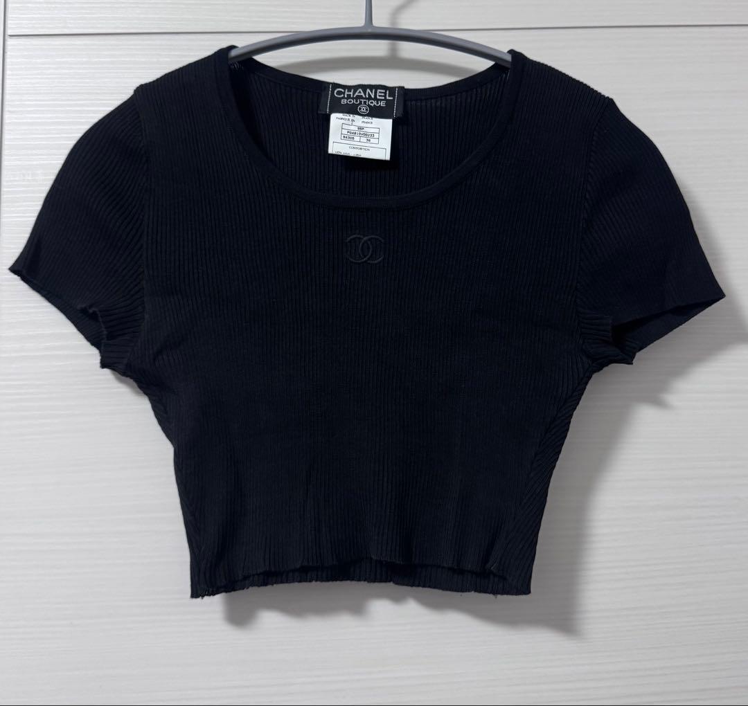 CHANEL　クロップドニット　半袖　黒　36