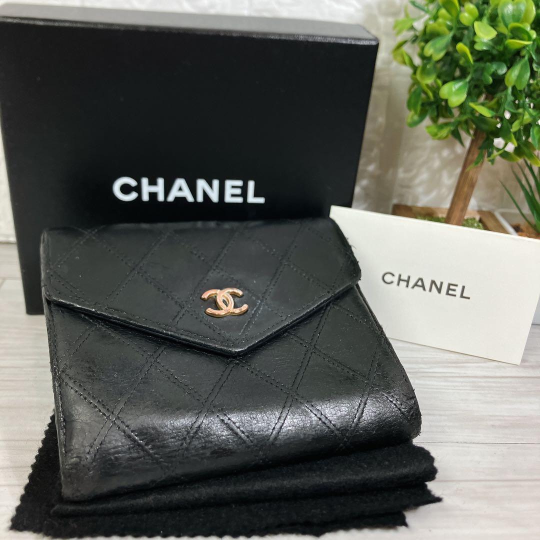 美品 CHANEL ビコローレ ココ Wホック 財布 ラムスキン ダブルステッチ