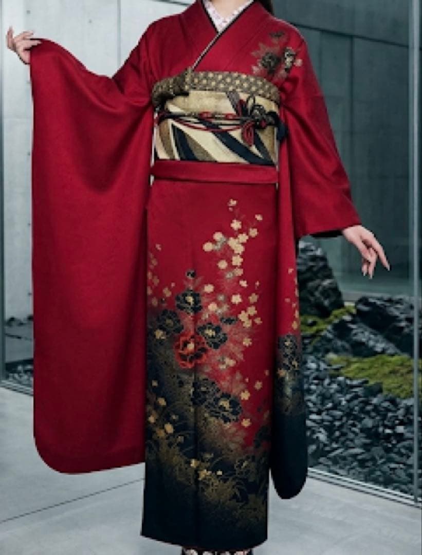 【専用商品】振袖フルセット 豪華絢爛 赤×黒 グラデーション 牡丹 金彩