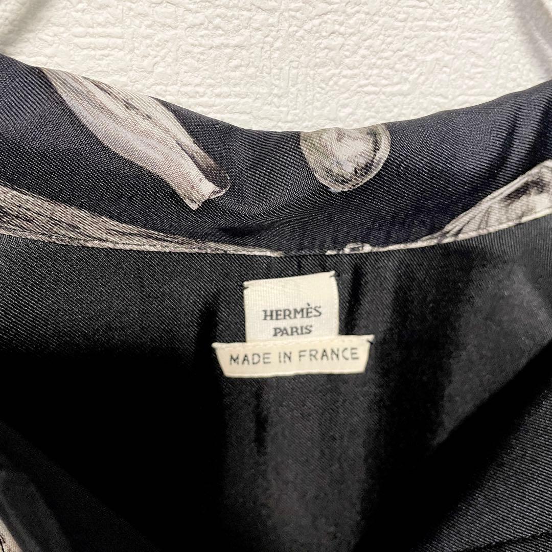 エルメス XS シルク100%スカーフ シャツワンピース 34 モノトーン 黒白