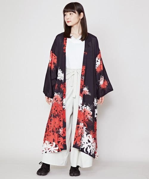 こ*ゃ様 人気　カヤ　絢爛UV羽織　彼岸花　赤　長羽織　UVカット　洗える着物