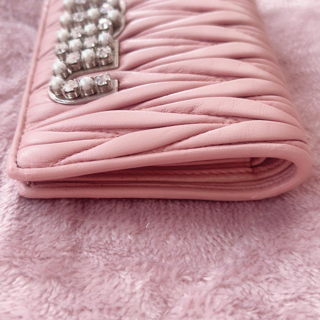 MIU MIU マテラッセ ビジュー 二つ折り財布 クリスタル ピンク
