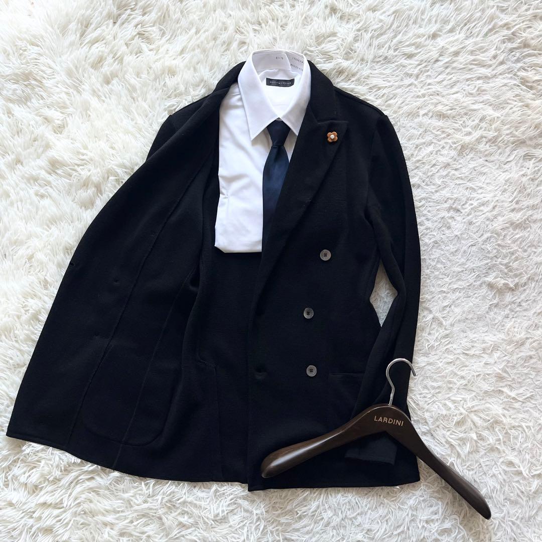 <美品>LARDINI ブラック ウール ニット ダブルジャケット サイズS