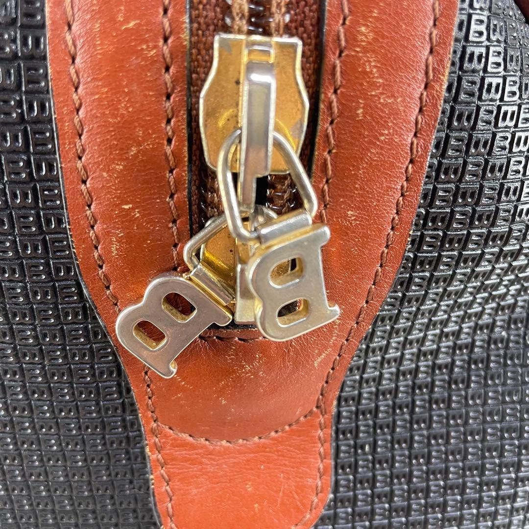 【美品】 BALLY バリー ボストンバッグ ロゴ金具 総柄 ブラック×ブラウン