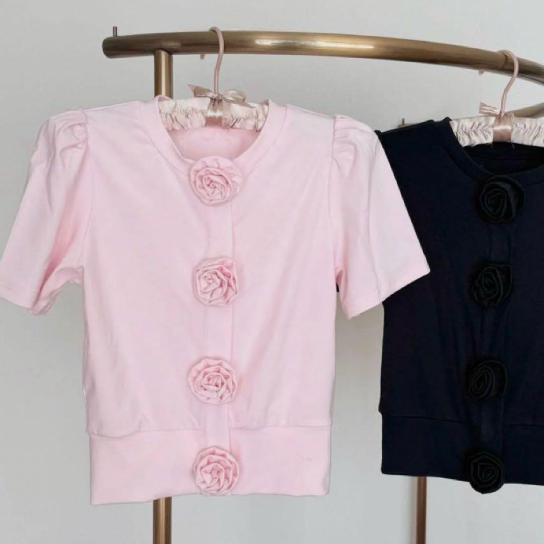 トップス Rose flower motif short sleeve cardigan