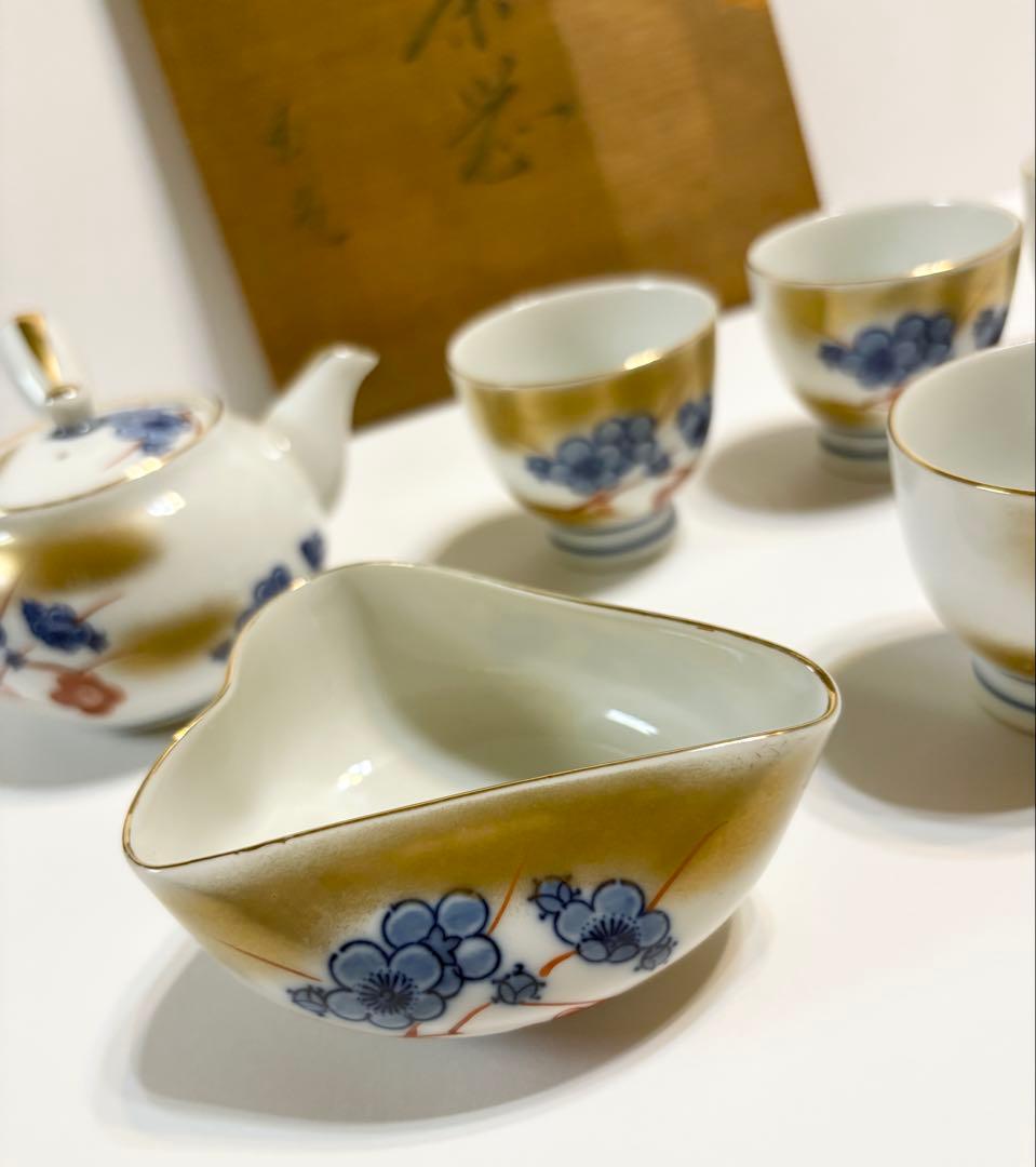 九谷焼 玉苑 小茶器 煎茶器 急須 湯冷まし 茶碗 金彩梅文 陶芸 木箱