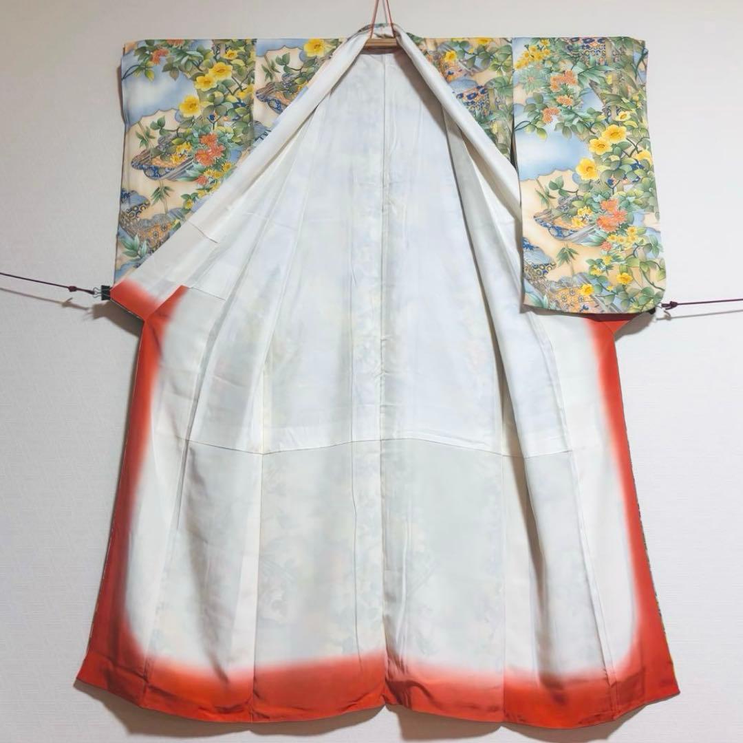 【振袖】 着物 袷 広衿 小振袖 橋 草花 模様 吉祥紋様 身丈約161cm