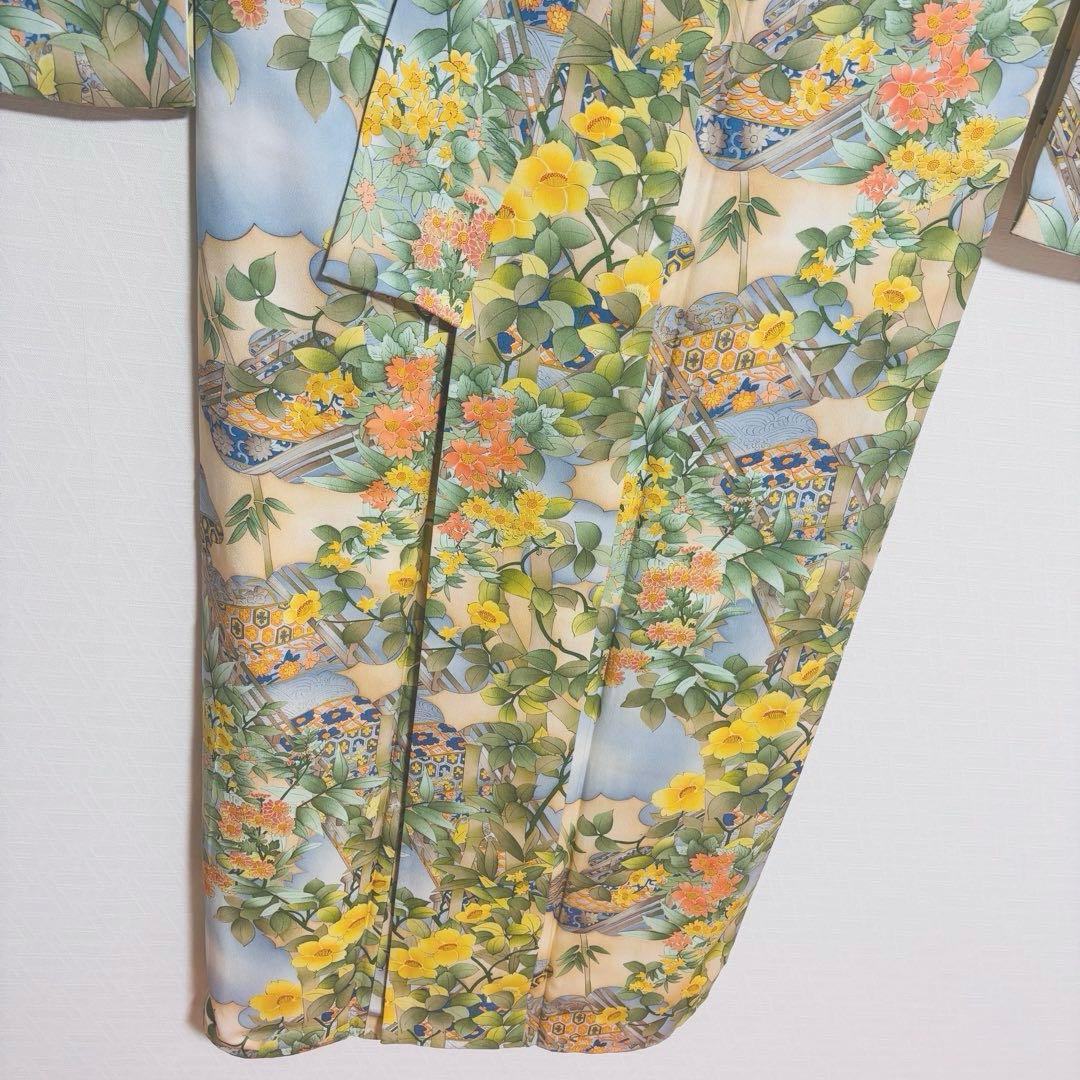 【振袖】 着物 袷 広衿 小振袖 橋 草花 模様 吉祥紋様 身丈約161cm