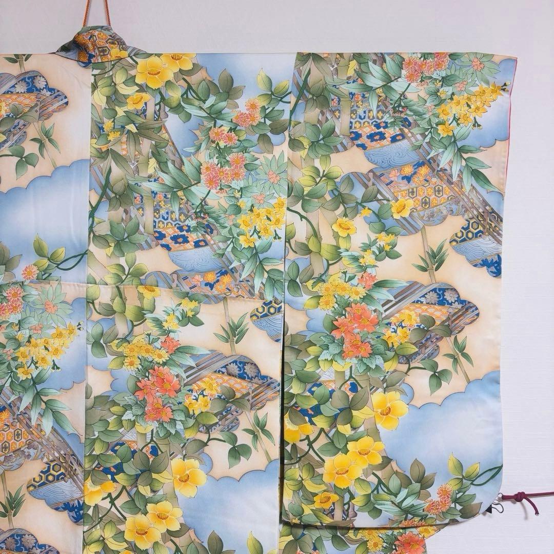 【振袖】 着物 袷 広衿 小振袖 橋 草花 模様 吉祥紋様 身丈約161cm
