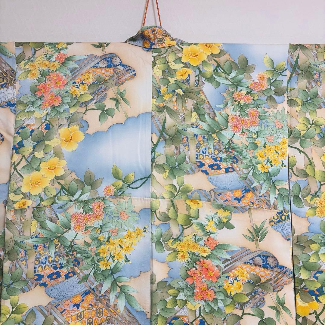 【振袖】 着物 袷 広衿 小振袖 橋 草花 模様 吉祥紋様 身丈約161cm
