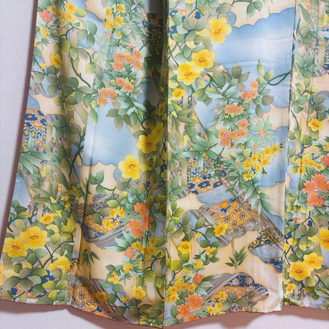 【振袖】 着物 袷 広衿 小振袖 橋 草花 模様 吉祥紋様 身丈約161cm