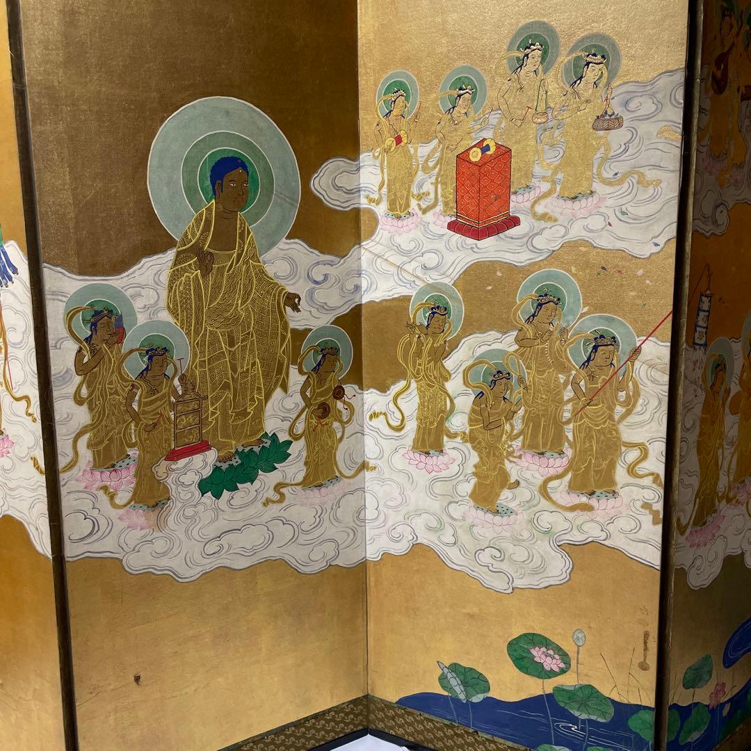 金箔仏教屏風 六曲金屏風 六曲一隻 来迎図 仏教美術 阿弥陀三尊