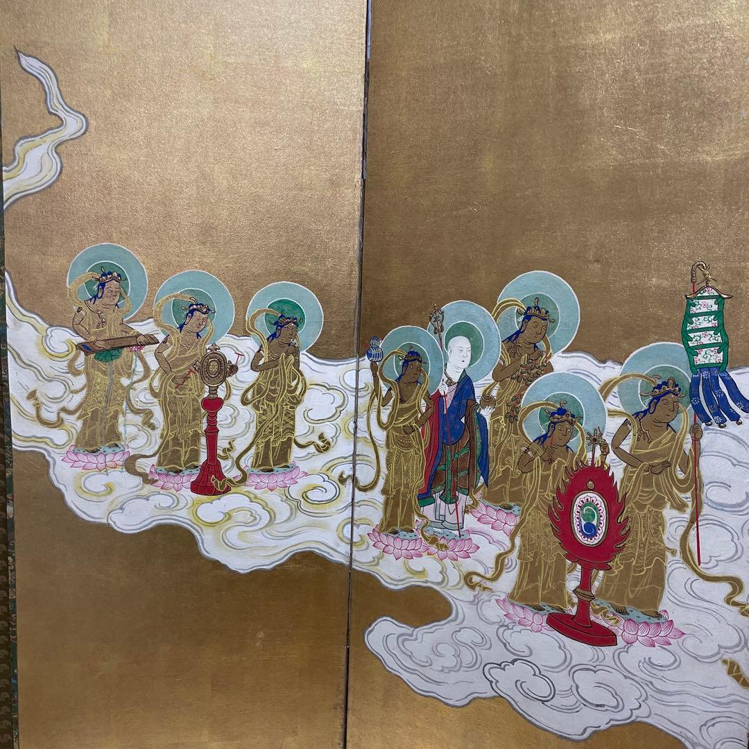 金箔仏教屏風 六曲金屏風 六曲一隻 来迎図 仏教美術 阿弥陀三尊