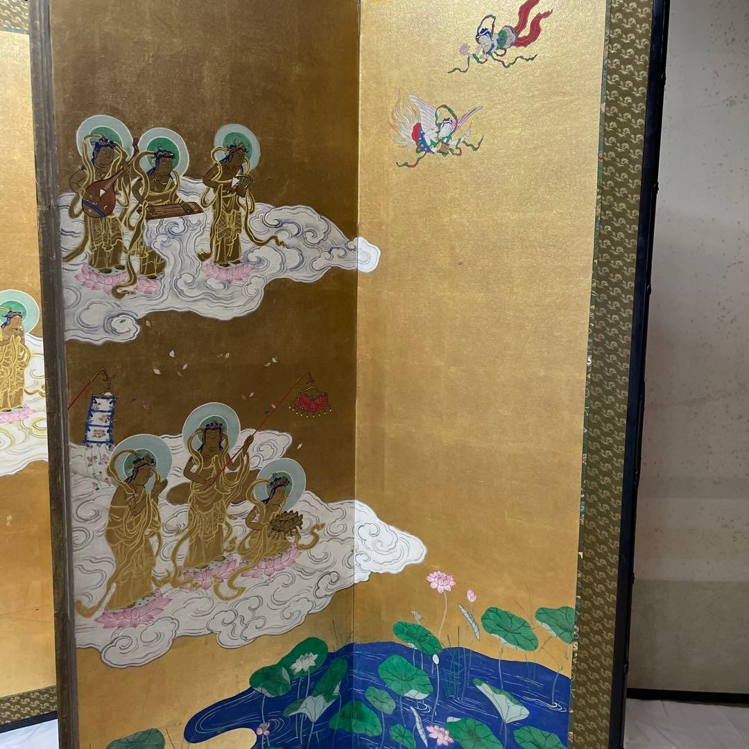 金箔仏教屏風 六曲金屏風 六曲一隻 来迎図 仏教美術 阿弥陀三尊