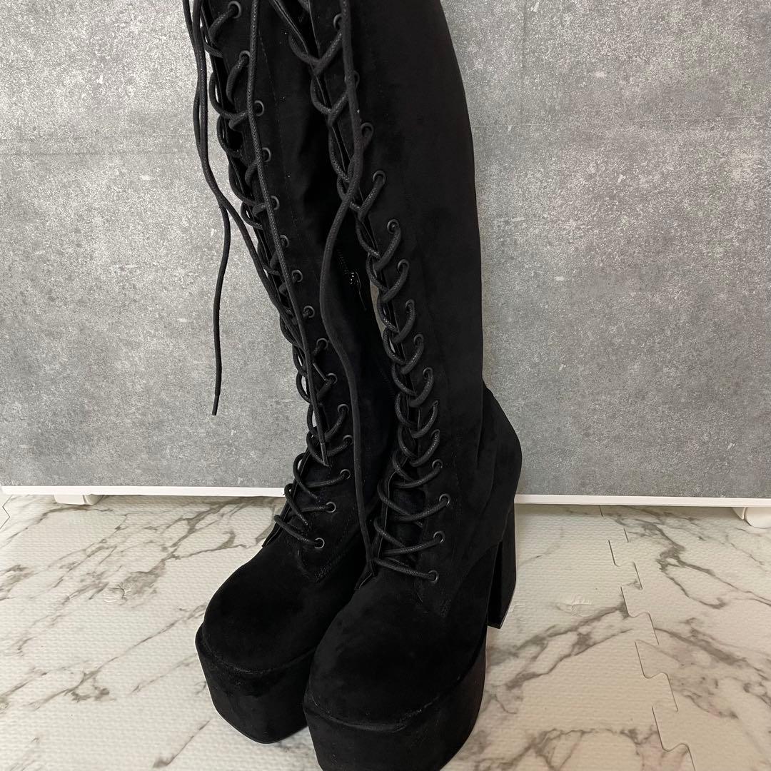 EMODA♡レースアップブーツ♡ブラックスエード厚底ロングブーツ