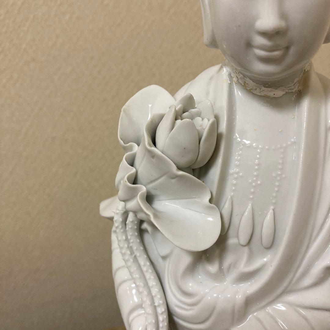 修復あり　中国美術　白磁　蓮上観音立像　置物　仏像〈検　徳化窯　観音菩薩　青磁