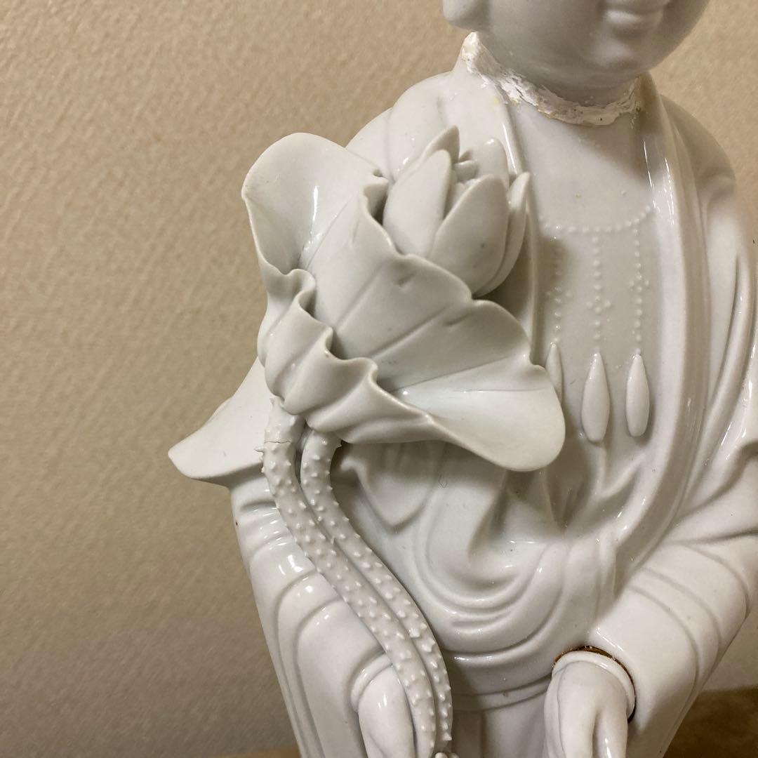 修復あり　中国美術　白磁　蓮上観音立像　置物　仏像〈検　徳化窯　観音菩薩　青磁