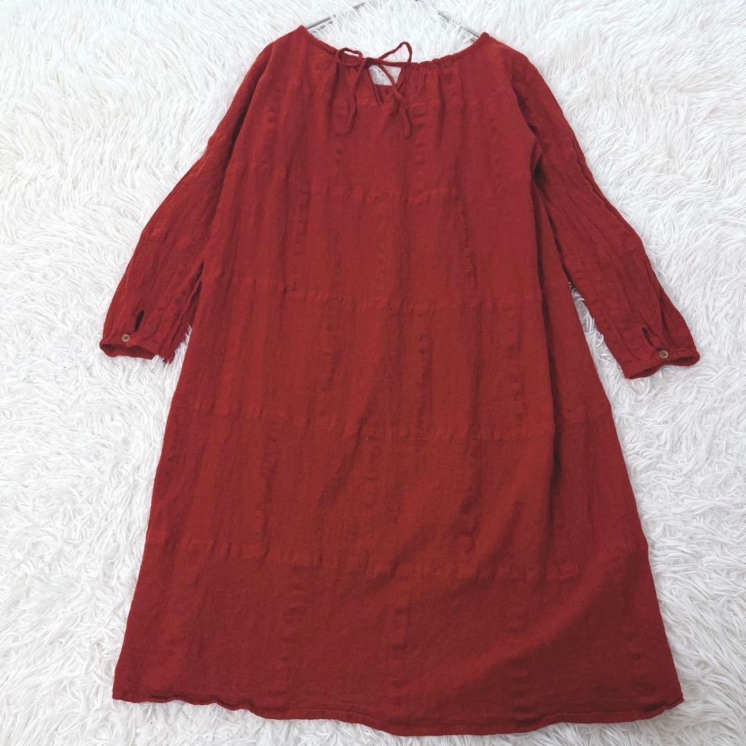 45R ウール100 フレアワンピース チュニック バックリボン 刺繍ロゴ 赤
