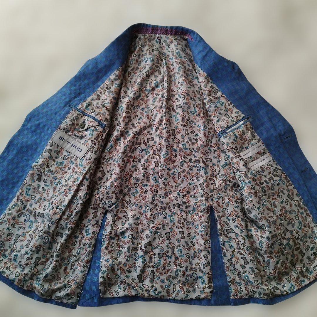希少美品✨エトロ テーラード 総ペイズリー ブルー リネン100% L