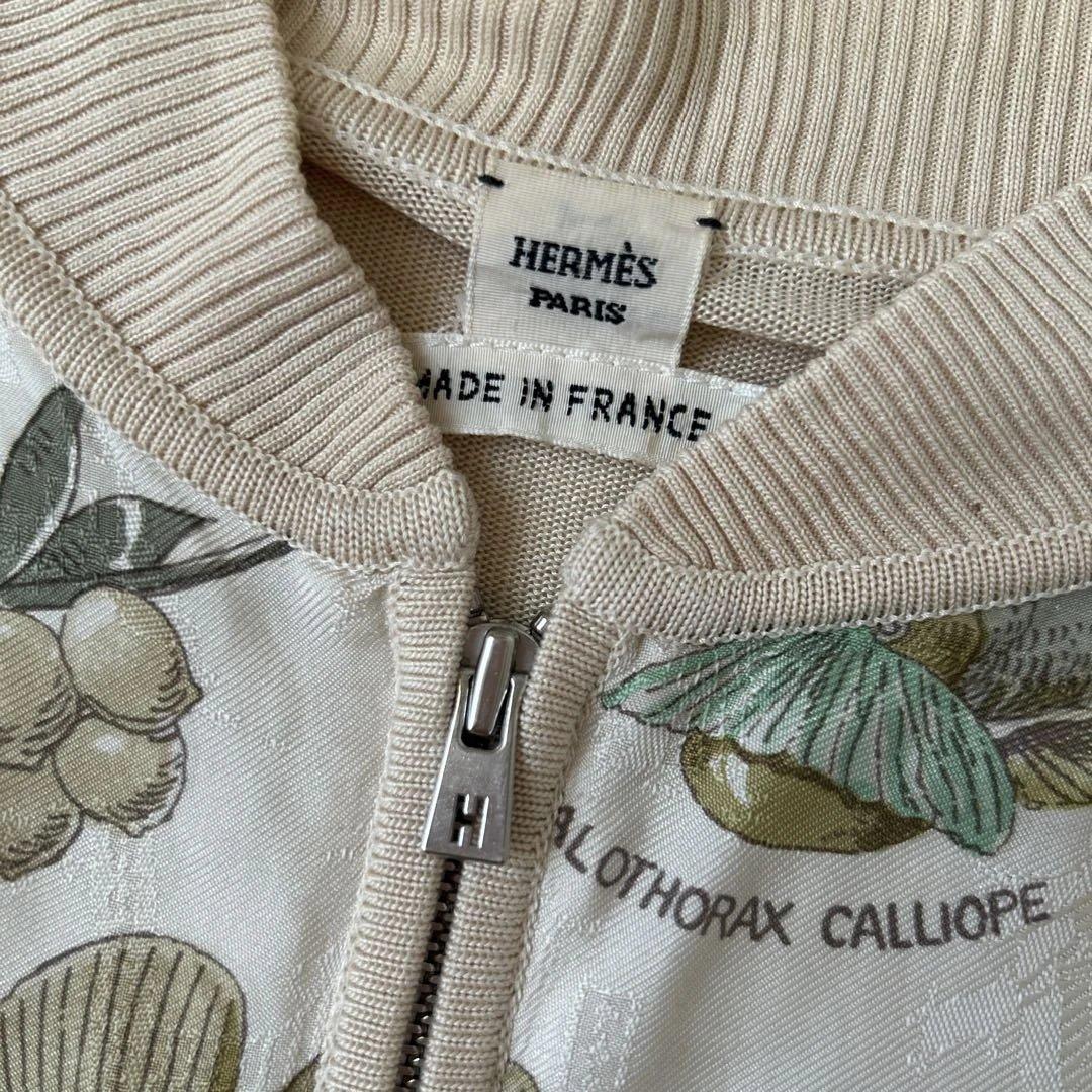 HERMES 尾長鳥プリント シルクカーディガン 36