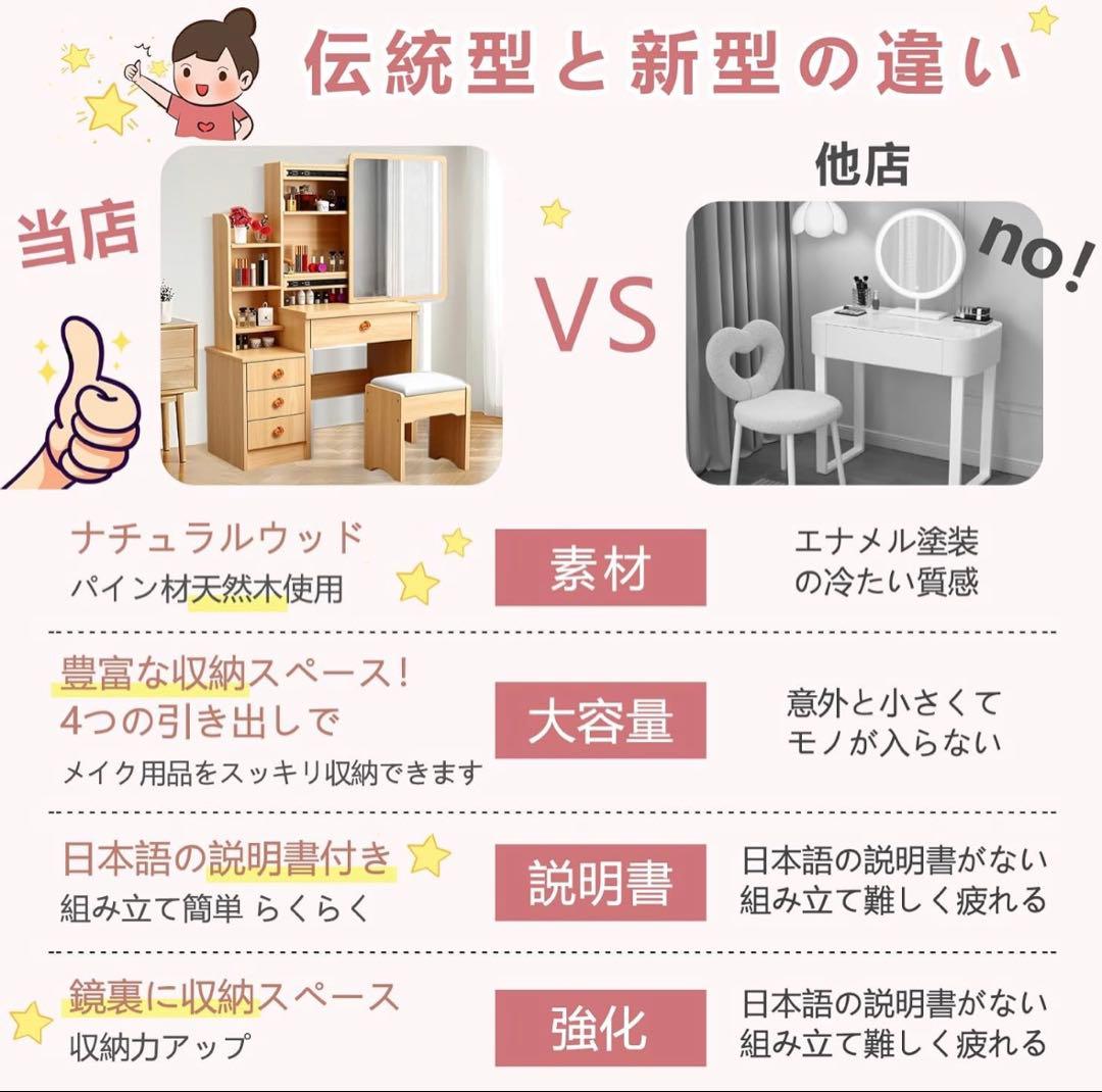 ドレッサー❣️鏡台 コンパクト 4段引出し 収納 化粧台 スライド式 スツール付