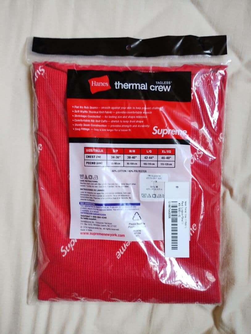 Supreme Hanes Thermal Crew Red S 未使用