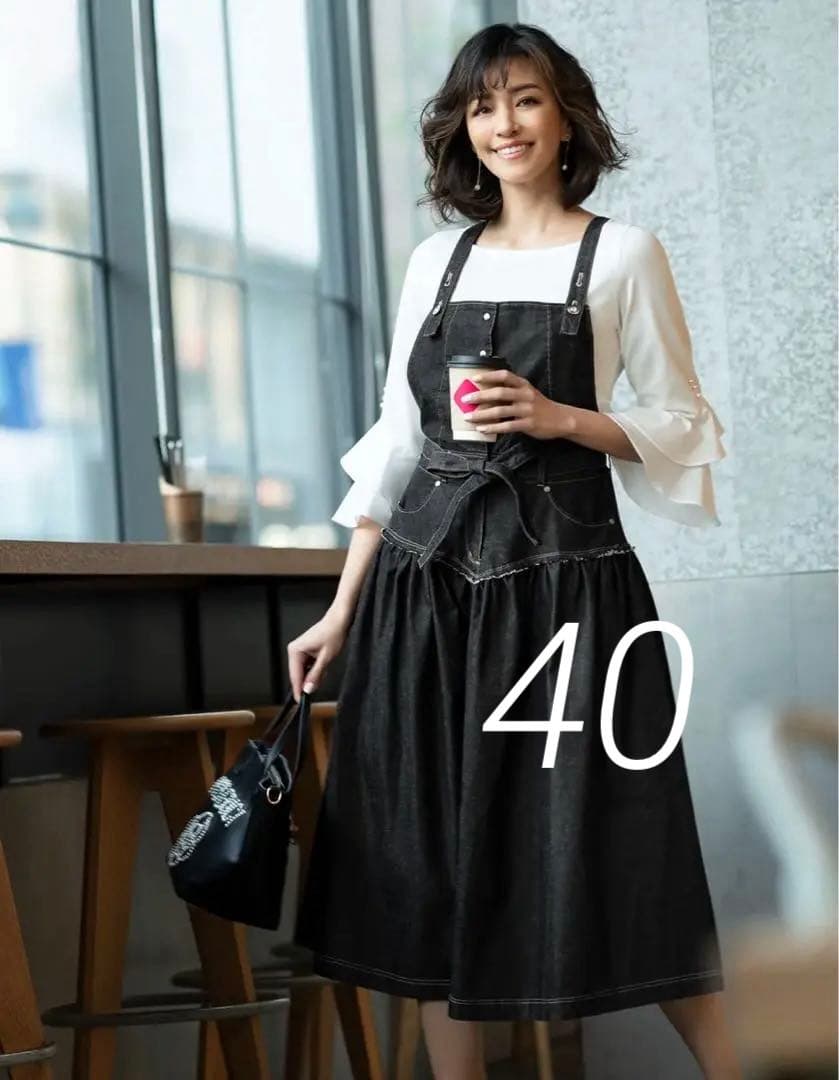 【カタログ掲載★ブラック】デニムワンピース　リボン　ジャンパースカート　40