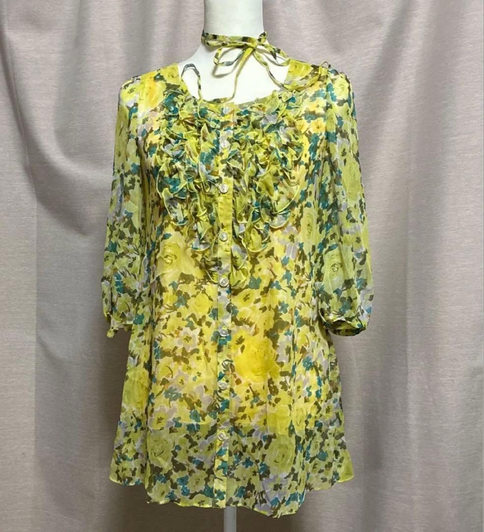【美品】エムズグレシー　花柄フリルブラウス チュニック イエロー系 38