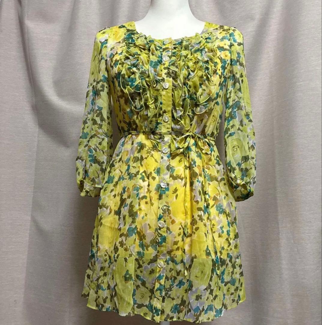 【美品】エムズグレシー　花柄フリルブラウス チュニック イエロー系 38