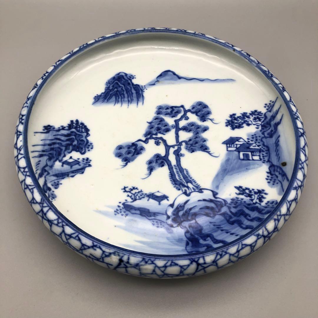 希少年代物 藍染山水画平鉢飾り皿アンティーク陶磁器Bビンテージ骨董品食器