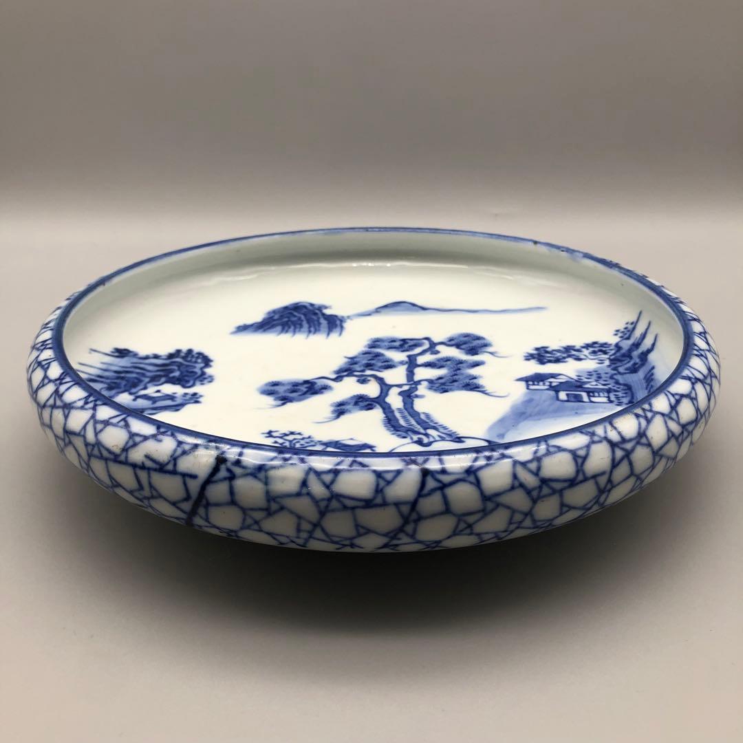 希少年代物 藍染山水画平鉢飾り皿アンティーク陶磁器Bビンテージ骨董品食器
