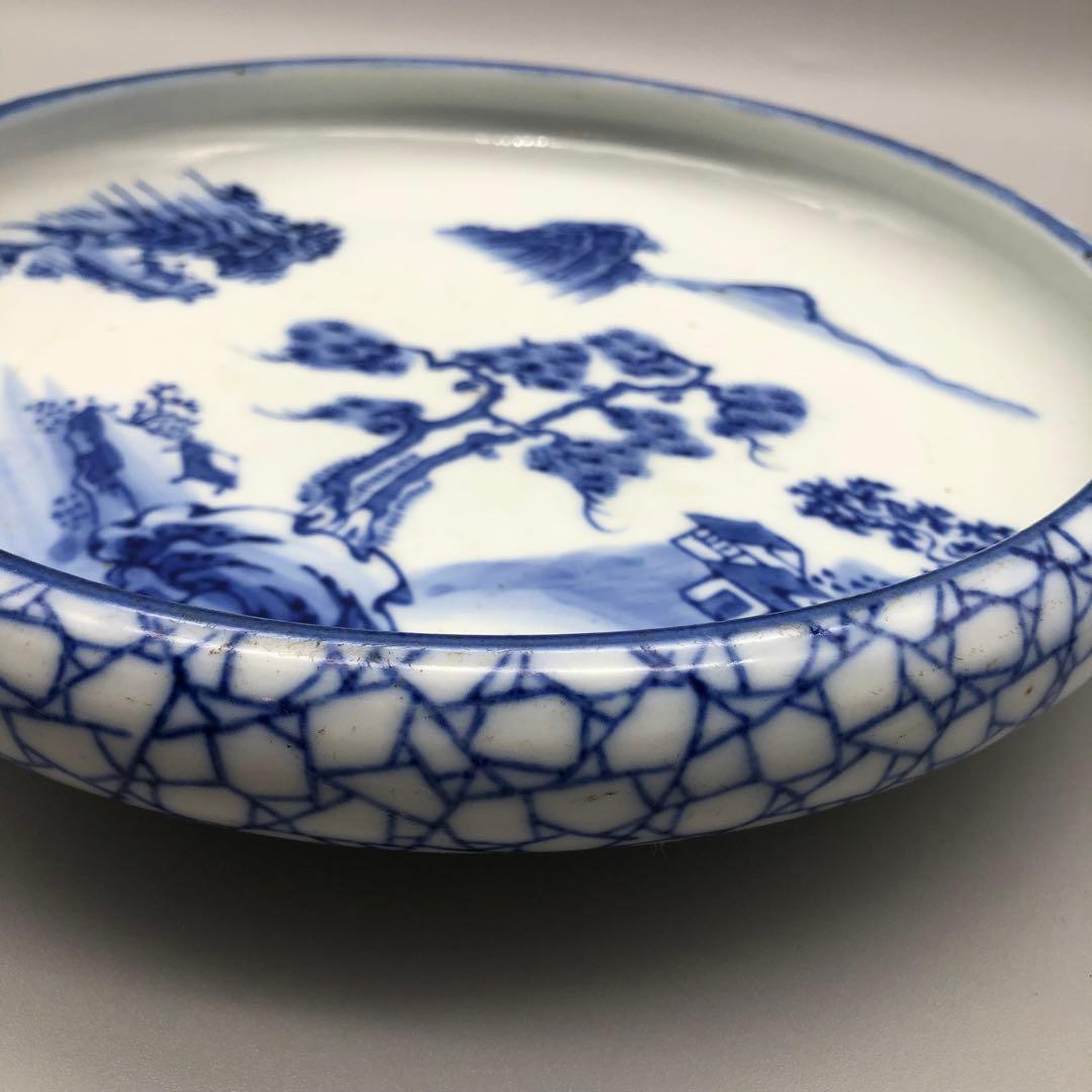 希少年代物 藍染山水画平鉢飾り皿アンティーク陶磁器Bビンテージ骨董品食器