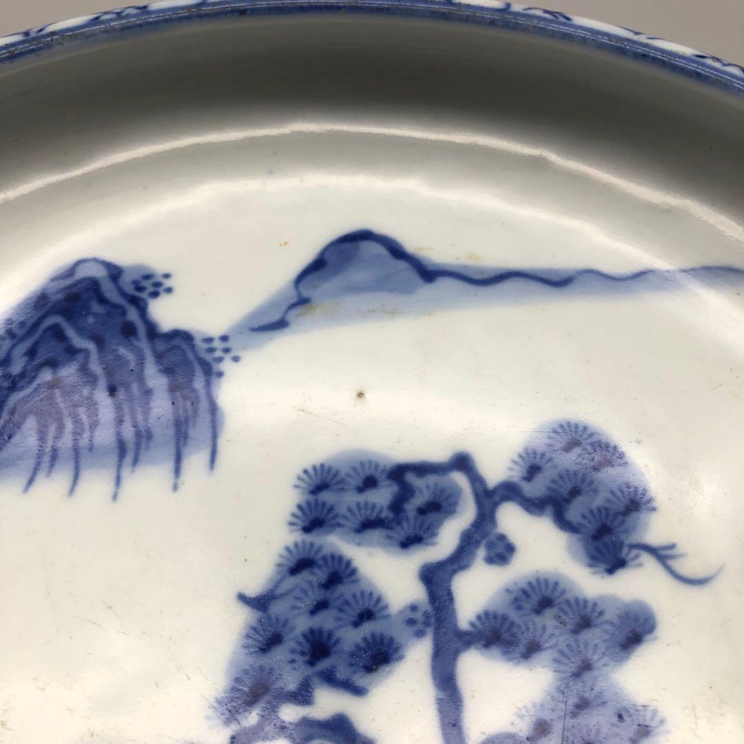 希少年代物 藍染山水画平鉢飾り皿アンティーク陶磁器Bビンテージ骨董品食器