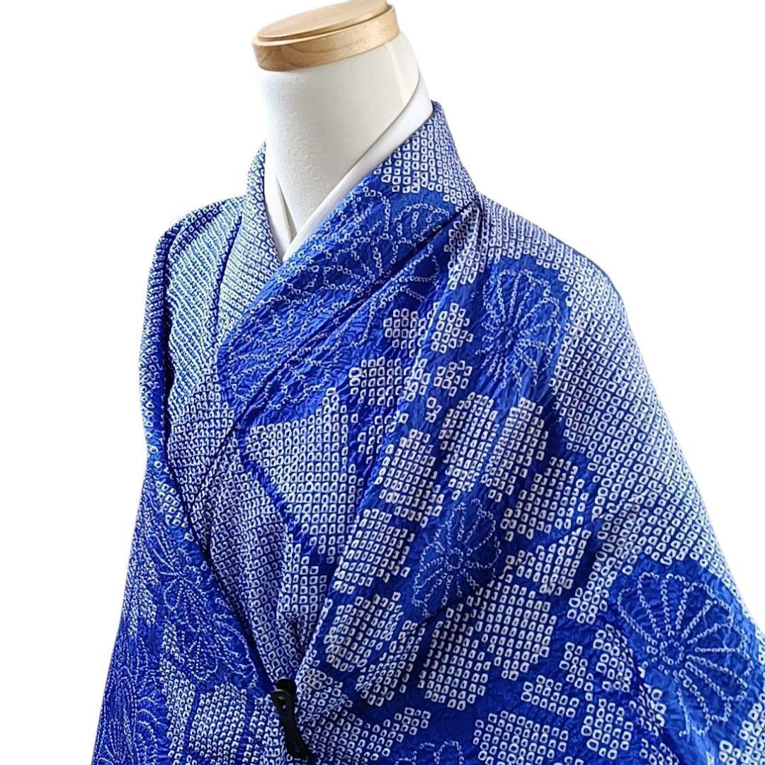 LULU37 着物 正絹 振袖 絞り 青 花柄