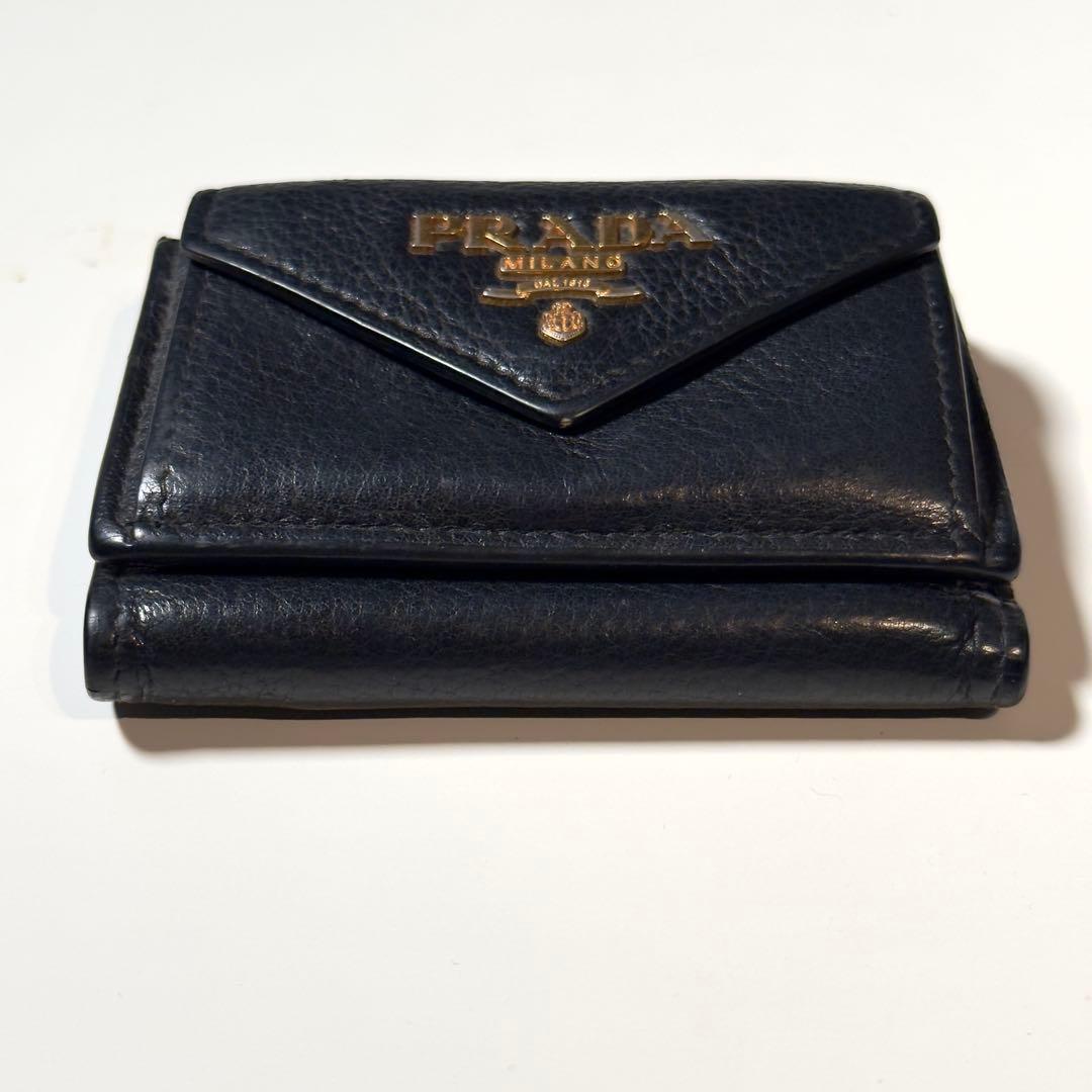 良品 PRADA プラダ 3つ折り財布 コンパクト ブラック レザー